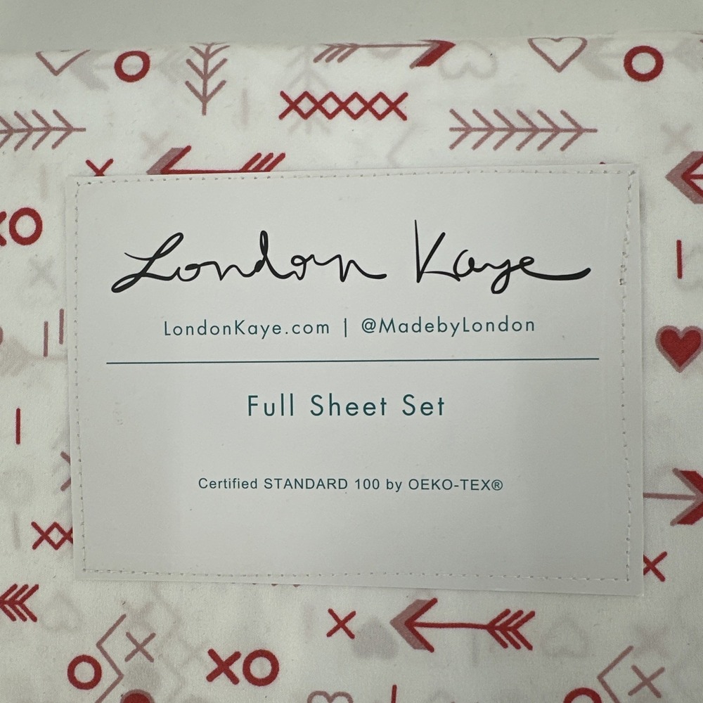 London Kaye Heart Sheet Set Full White Red Hearts Arrows X O Hugs Kisses - Picture 2 of 5